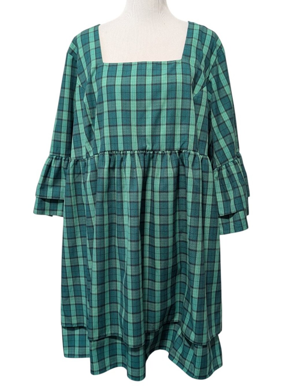 Ivy City Co Womens Plus Size 24W Clara Green Plaid Back Bow Flutter Sleeve Dress